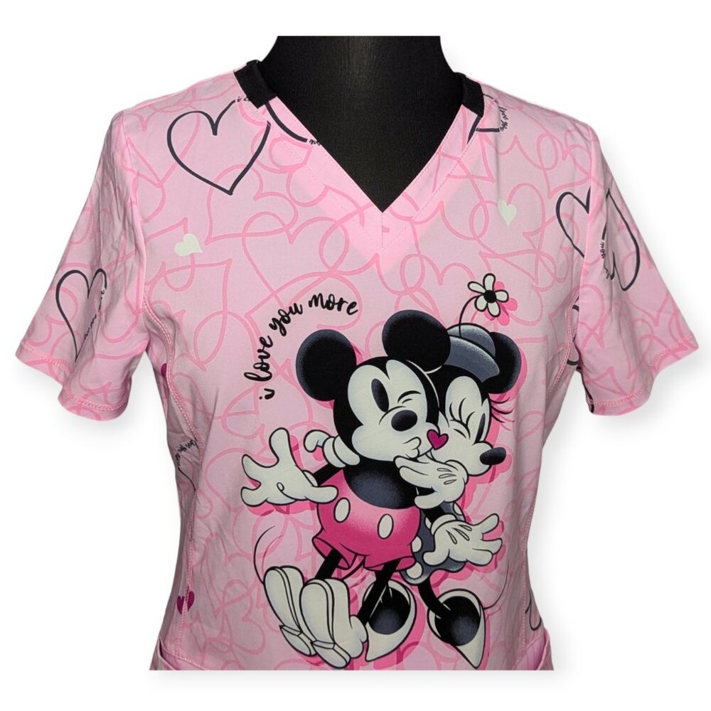 Cherokee Infinity Love You More Pink Disney Mickey & Minnie Mouse Scrub Top Sm - Picture 2 of 14